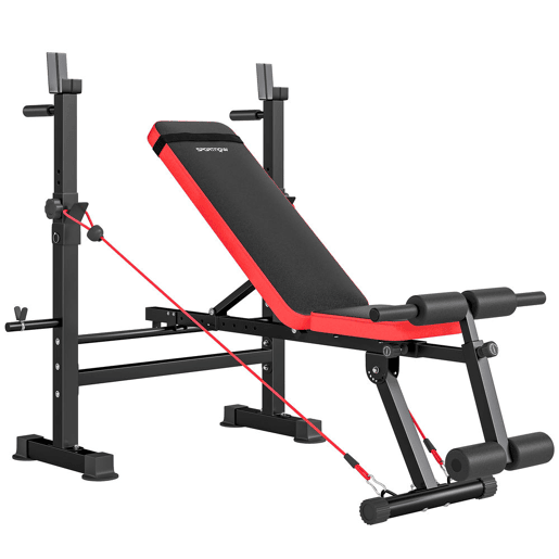 SPORTNOW Banco de Musculação Multifuncional, Carga Máxima de 300 kg, Banco de Pesos Inclinável com Suporte para Barra Ajustável, Assento e Encosto Reguláveis, para Treino Completo em Casa ou Ginásio