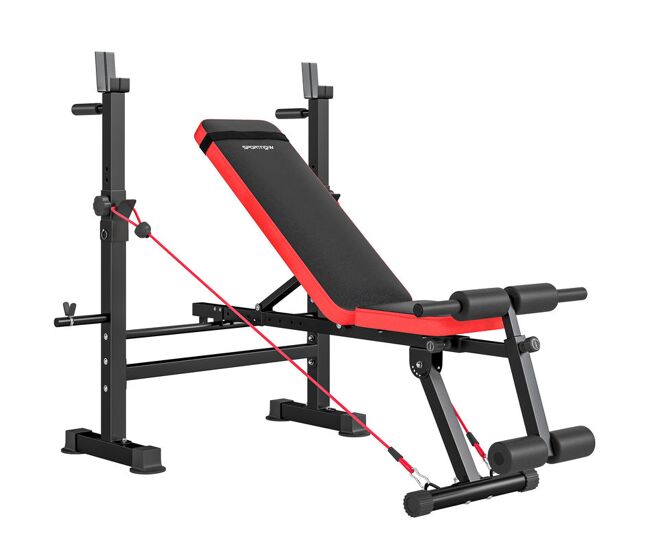 Sportnow banco de musculación multifuncional, carga 300 kg, banco de pesas inclinable plegable con soporte para barras ajustable, asiento y respaldo
