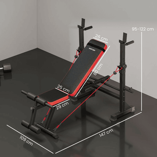 SPORTNOW Banco de Musculação Multifuncional, Carga Máxima de 300 kg, Banco de Pesos Inclinável com Suporte para Barra Ajustável, Assento e Encosto Reguláveis, para Treino Completo em Casa ou Ginásio