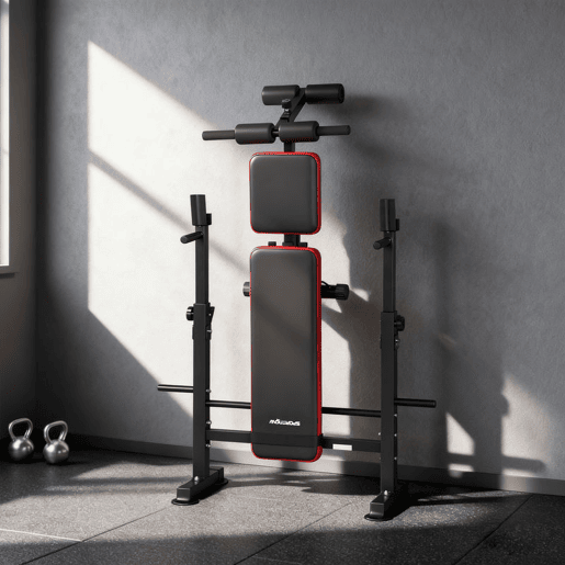 SPORTNOW Banco de Musculação Multifuncional, Carga Máxima de 300 kg, Banco de Pesos Inclinável com Suporte para Barra Ajustável, Assento e Encosto Reguláveis, para Treino Completo em Casa ou Ginásio
