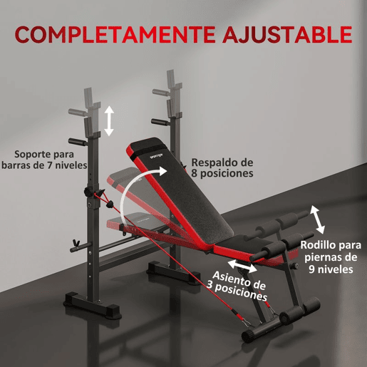 SPORTNOW Banco de Musculação Multifuncional, Carga Máxima de 300 kg, Banco de Pesos Inclinável com Suporte para Barra Ajustável, Assento e Encosto Reguláveis, para Treino Completo em Casa ou Ginásio