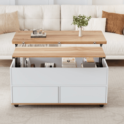 Mesa de centro 100x98x65 cm - Elevável com arrumação e rodas - Branco e madeira natural Mesa de centro 100x98x65 cm - Elevável com arrumação e rodas - Branco e madeira natural