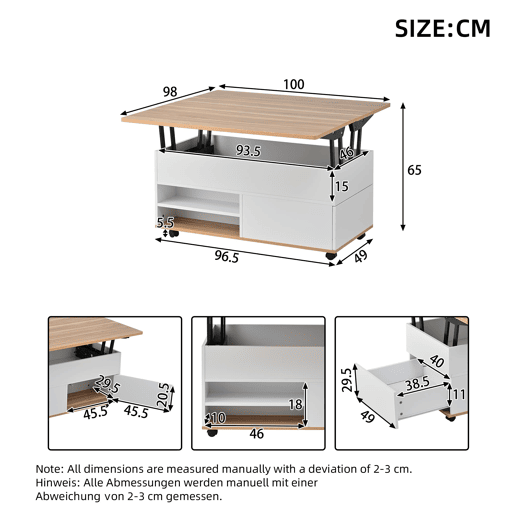 Mesa de centro 100x98x65 cm - Elevável com arrumação e rodas - Branco e madeira natural Mesa de centro 100x98x65 cm - Elevável com arrumação e rodas - Branco e madeira natural