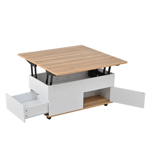 Mesa de centro 100x98x65 cm - Elevável com arrumação e rodas - Branco e madeira natural Mesa de centro 100x98x65 cm - Elevável com arrumação e rodas - Branco e madeira natural