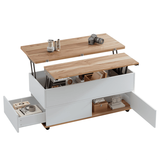 Mesa de centro 100x98x65 cm - Elevável com arrumação e rodas - Branco e madeira natural Mesa de centro 100x98x65 cm - Elevável com arrumação e rodas - Branco e madeira natural