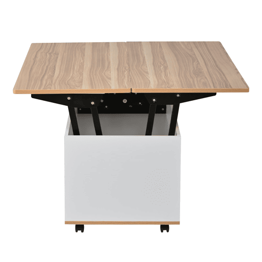 Mesa de centro 100x98x65 cm - Elevável com arrumação e rodas - Branco e madeira natural Mesa de centro 100x98x65 cm - Elevável com arrumação e rodas - Branco e madeira natural