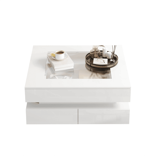 Mesa de centro 70x70x35cm - LED, 3 gavetas, vidro, alto brilho - Branco Mesa de centro 70x70x35cm - LED, 3 gavetas, vidro, alto brilho - Branco