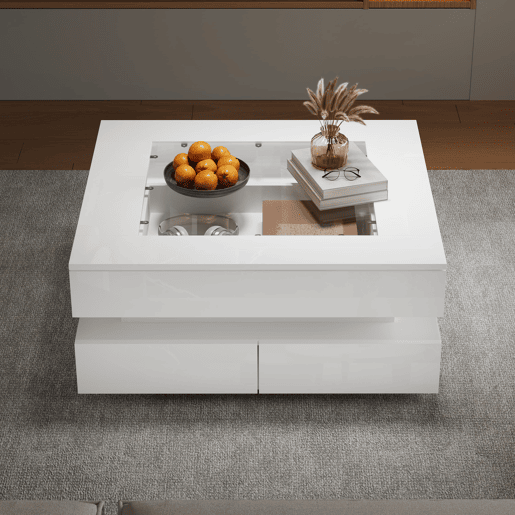 Mesa de centro 70x70x35cm - LED, 3 gavetas, vidro, alto brilho - Branco Mesa de centro 70x70x35cm - LED, 3 gavetas, vidro, alto brilho - Branco
