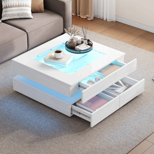 Mesa de centro 70x70x35cm - LED, 3 gavetas, vidro, alto brilho - Branco Mesa de centro 70x70x35cm - LED, 3 gavetas, vidro, alto brilho - Branco