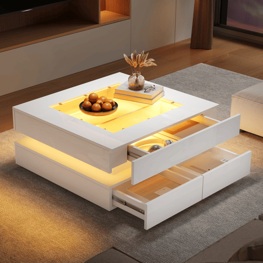 Mesa de centro 70x70x35cm - LED, 3 gavetas, vidro, alto brilho - Branco Mesa de centro 70x70x35cm - LED, 3 gavetas, vidro, alto brilho - Branco