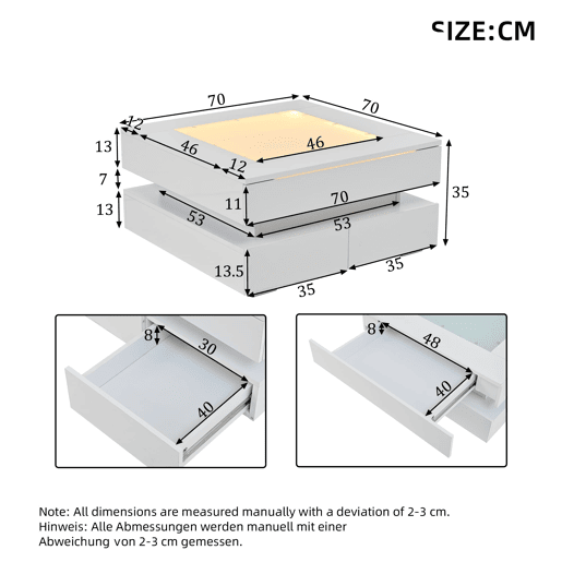 Mesa de centro 70x70x35cm - LED, 3 gavetas, vidro, alto brilho - Branco Mesa de centro 70x70x35cm - LED, 3 gavetas, vidro, alto brilho - Branco