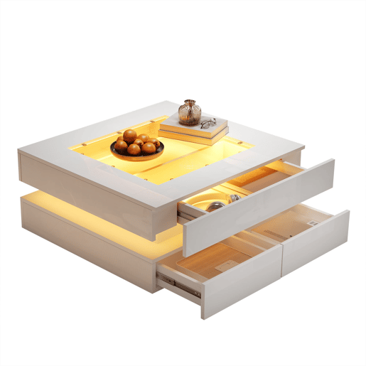 Mesa de centro 70x70x35cm - LED, 3 gavetas, vidro, alto brilho - Branco Mesa de centro 70x70x35cm - LED, 3 gavetas, vidro, alto brilho - Branco