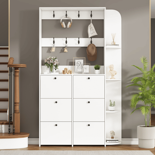 Garderobenständer 20x24x200 cm - Sapateira multifuncional 3 em 1, 8 ganchos, 5 prateleiras - Branco