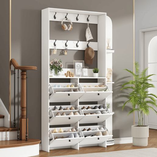 Garderobenständer 20x24x200 cm - Sapateira multifuncional 3 em 1, 8 ganchos, 5 prateleiras - Branco