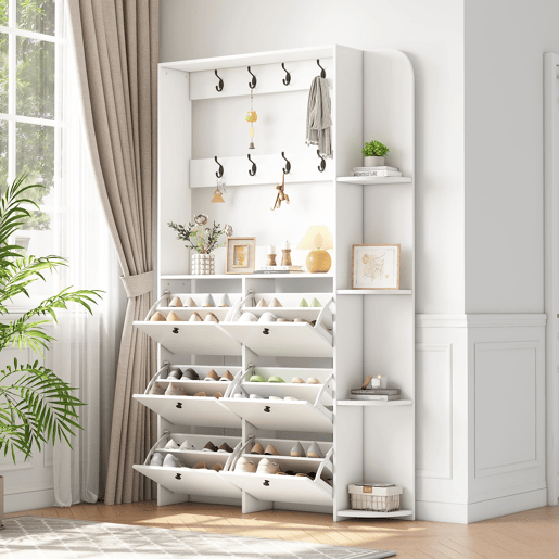 Garderobenständer 20x24x200 cm - Sapateira multifuncional 3 em 1, 8 ganchos, 5 prateleiras - Branco