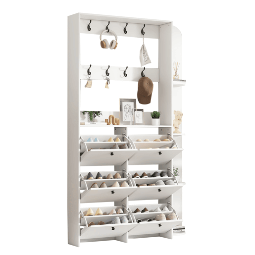 Garderobenständer 20x24x200 cm - Sapateira multifuncional 3 em 1, 8 ganchos, 5 prateleiras - Branco