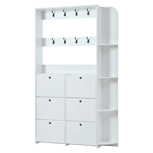 Garderobenständer 20x24x200 cm - Sapateira multifuncional 3 em 1, 8 ganchos, 5 prateleiras - Branco