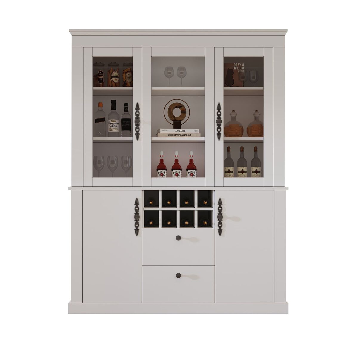 Vitrina 130x37,5x170,5 cm - 2 cajones, 4 puertas, led, 8 botelleros - blanco