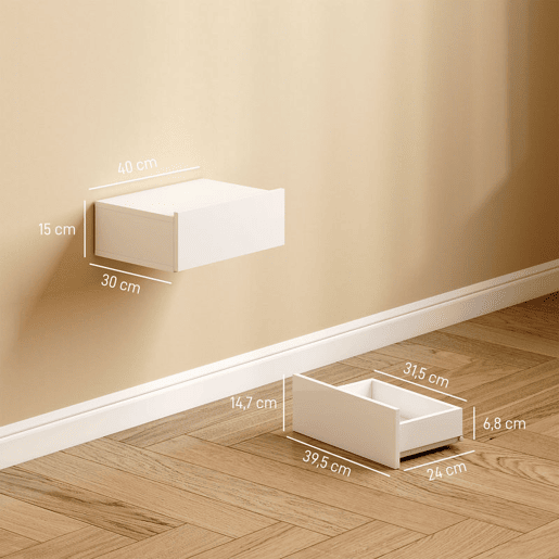 HOMCOM Conjunto de 2 Mesas de Cabeceira com 1 Gaveta Desenho Montado na Parede Estilo Moderno para Dormitório 40x30x15 cm Branco