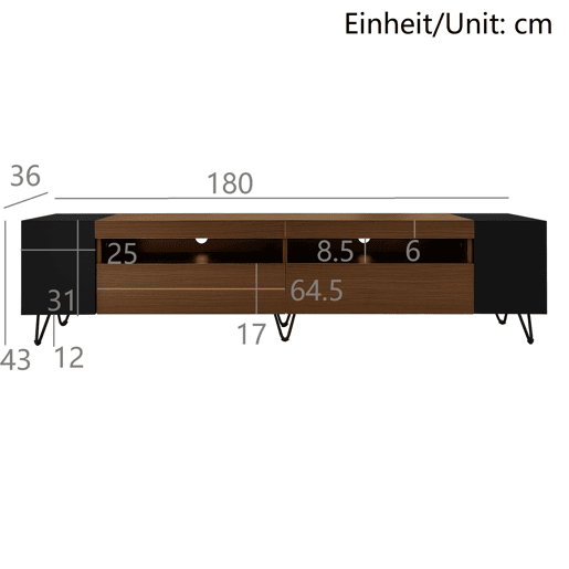 Móvel de TV moderno 180 cm - Design preto e madeira - Preto, Madeira