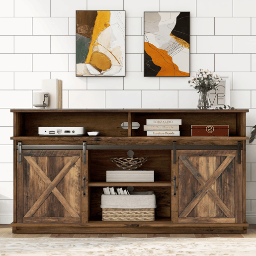 Móvel de TV 148x40x78 cm - 2 portas de correr, prateleiras ajustáveis, estilo rústico - Castanho