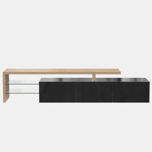 Móvel de TV 197,5 cm - Design moderno e elegante, com arrumação prática, alto brilho, madeira, prateleiras de vidro, iluminação LED - Natural+Preto