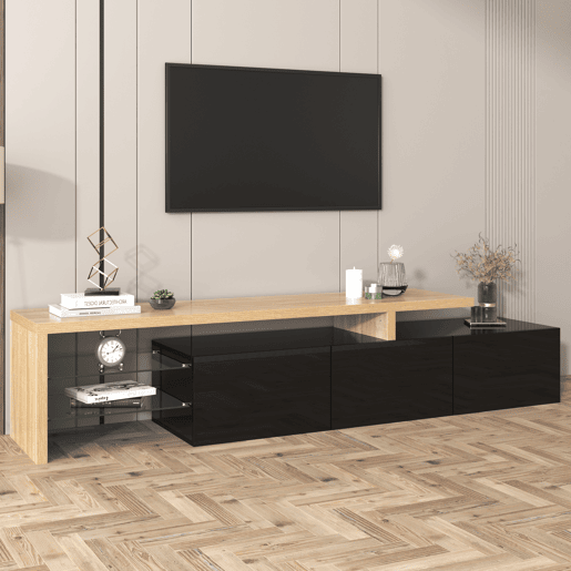 Móvel de TV 197,5 cm - Design moderno e elegante, com arrumação prática, alto brilho, madeira, prateleiras de vidro, iluminação LED - Natural+Preto