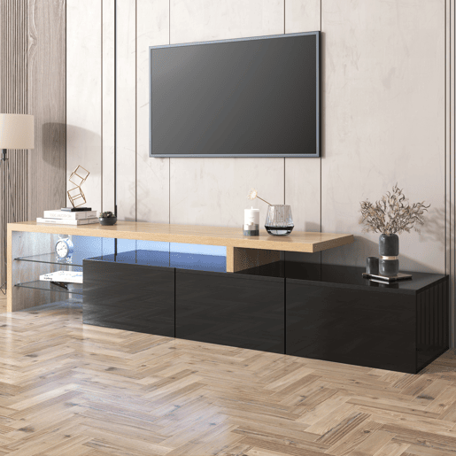 Móvel de TV 197,5 cm - Design moderno e elegante, com arrumação prática, alto brilho, madeira, prateleiras de vidro, iluminação LED - Natural+Preto