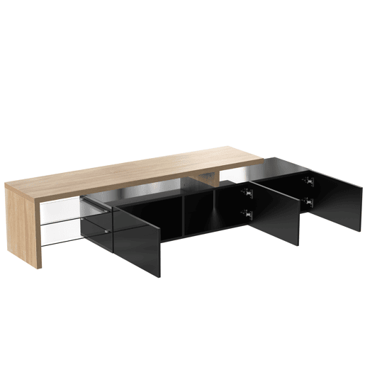 Móvel de TV 197,5 cm - Design moderno e elegante, com arrumação prática, alto brilho, madeira, prateleiras de vidro, iluminação LED - Natural+Preto
