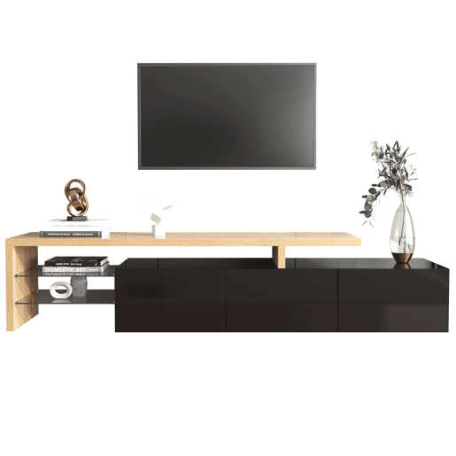 Móvel de TV 197,5 cm - Design moderno e elegante, com arrumação prática, alto brilho, madeira, prateleiras de vidro, iluminação LED - Natural+Preto