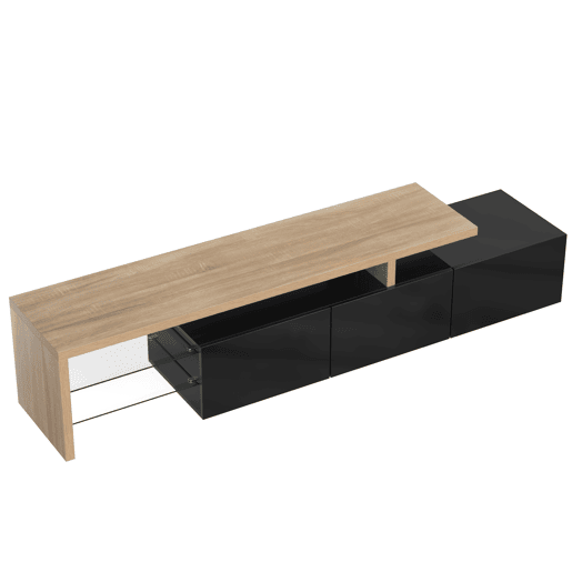 Móvel de TV 197,5 cm - Design moderno e elegante, com arrumação prática, alto brilho, madeira, prateleiras de vidro, iluminação LED - Natural+Preto