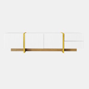 Móvel de TV 190 cm - 3 portas, 2 gavetas - Branco com dourado e madeira