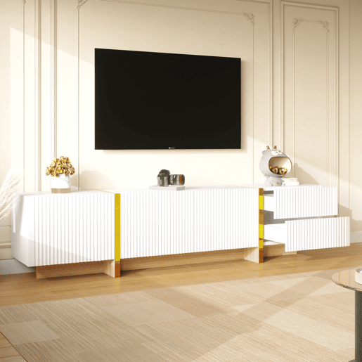 Móvel de TV 190 cm - 3 portas, 2 gavetas - Branco com dourado e madeira