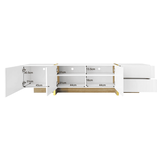Móvel de TV 190 cm - 3 portas, 2 gavetas - Branco com dourado e madeira