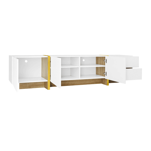 Móvel de TV 190 cm - 3 portas, 2 gavetas - Branco com dourado e madeira