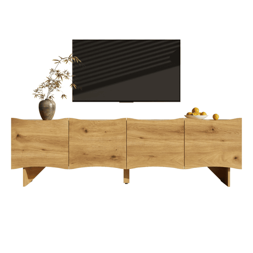 Móvel de TV moderno 155 cm - Estilo ondulado, 4 portas, arrumação e passagem de cabos - Natural