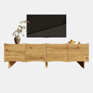 Móvel de TV moderno 155 cm - Estilo ondulado, 4 portas, arrumação e passagem de cabos - Natural