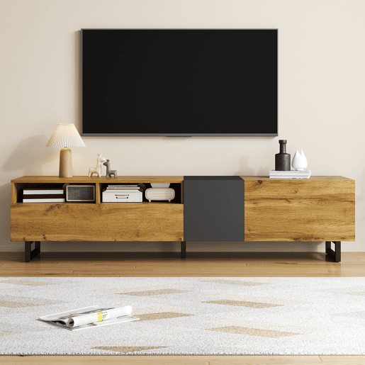 Móvel de TV colorblock - Design contrastante, 3 portas e 2 prateleiras, pés metálicos em U, madeira retro - Cinza escuro antigo, Natural