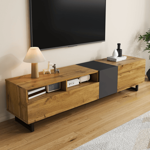 Móvel de TV colorblock - Design contrastante, 3 portas e 2 prateleiras, pés metálicos em U, madeira retro - Cinza escuro antigo, Natural