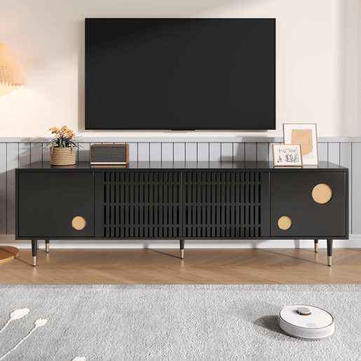 Móvel de TV com portas de madeira - Estrutura em grade, puxadores ocultos, decoração dourada - Preto