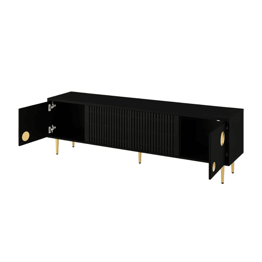 Móvel de TV com portas de madeira - Estrutura em grade, puxadores ocultos, decoração dourada - Preto
