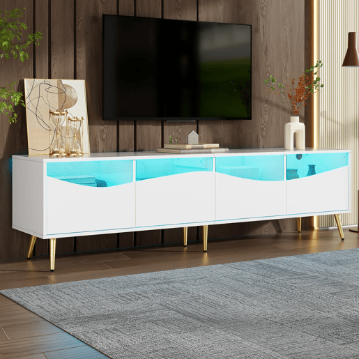 Móvel de TV 180x40x50 cm - com iluminação LED, frente em vidro, pés metálicos dourados - Branco