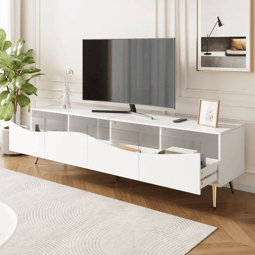 Móvel de TV 180x40x50 cm - com iluminação LED, frente em vidro, pés metálicos dourados - Branco