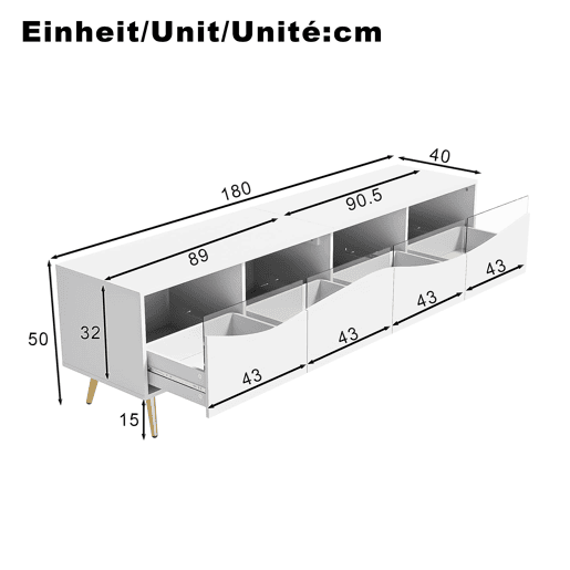 Móvel de TV 180x40x50 cm - com iluminação LED, frente em vidro, pés metálicos dourados - Branco