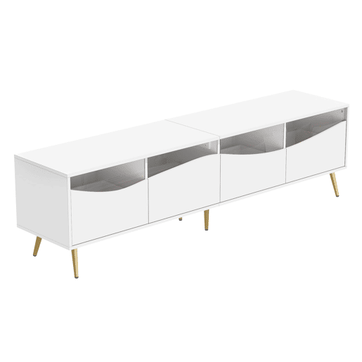Móvel de TV 180x40x50 cm - com iluminação LED, frente em vidro, pés metálicos dourados - Branco