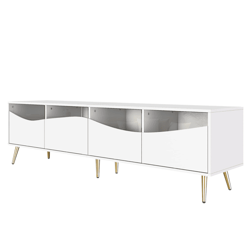 Móvel de TV 180x40x50 cm - com iluminação LED, frente em vidro, pés metálicos dourados - Branco