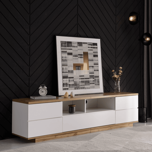 Móvel de TV moderno 180 cm - Design bicolor, acabamento em madeira - Branco