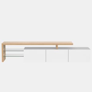 Móvel de TV 160 cm - Design moderno, elegante, arrumação prática, branco brilhante, efeito madeira, prateleiras de vidro, iluminação LED - Branco