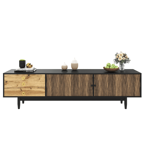 Móvel de TV - Características de portas com design ondulado e 3 gavetas - Preto e Natural