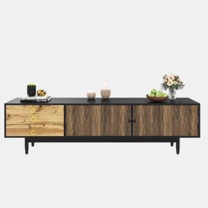 Móvel de TV - Características de portas com design ondulado e 3 gavetas - Preto e Natural